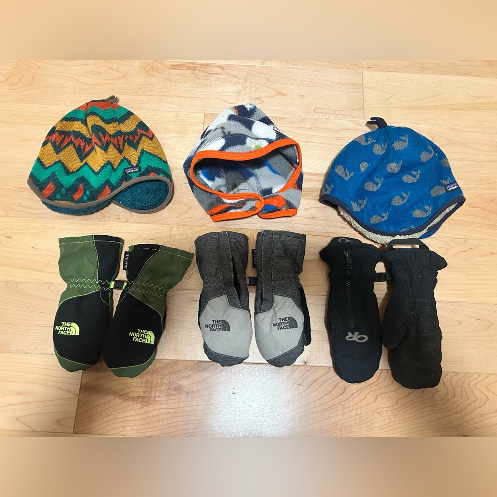 Patagonia, North Face and OR Kids Mittens and snow hats- Blue, Green, Gray -